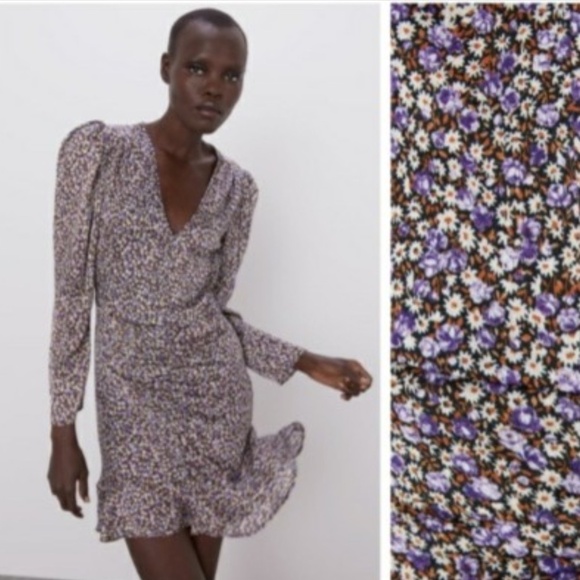 ZARA Mini Dress Floral Print Daisies Ruched Long Sleeve Sz Pleated Lavender XS - Picture 2 of 15